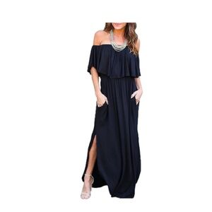 Beautiful Off-Shoulder Navy Blue  Maxi Dress